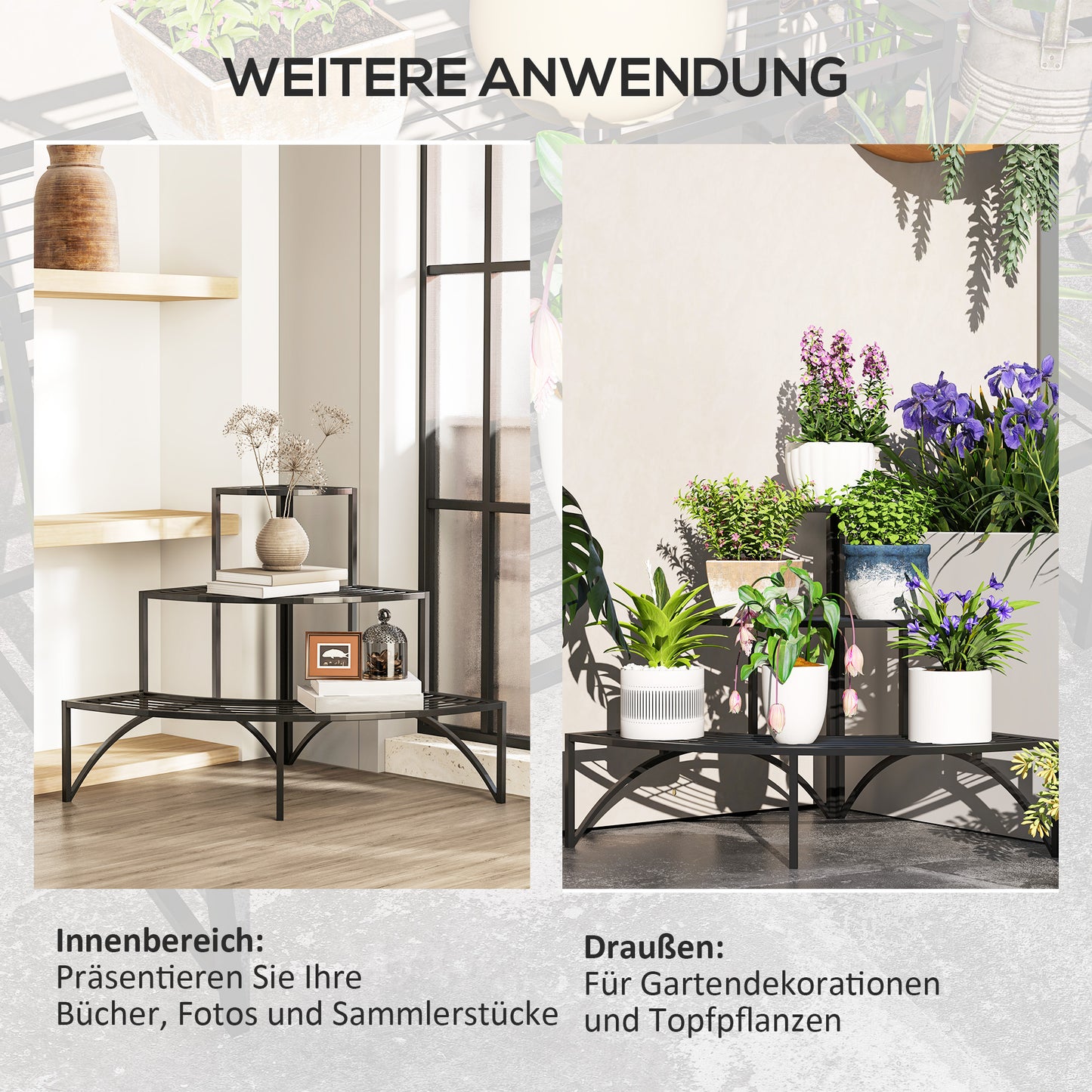 Outsunny Eckpflanzenständer, Blumenständer mit 3 Ebenen, Metall, für drinnen und draußen, Blumentopfständer, Schwarz