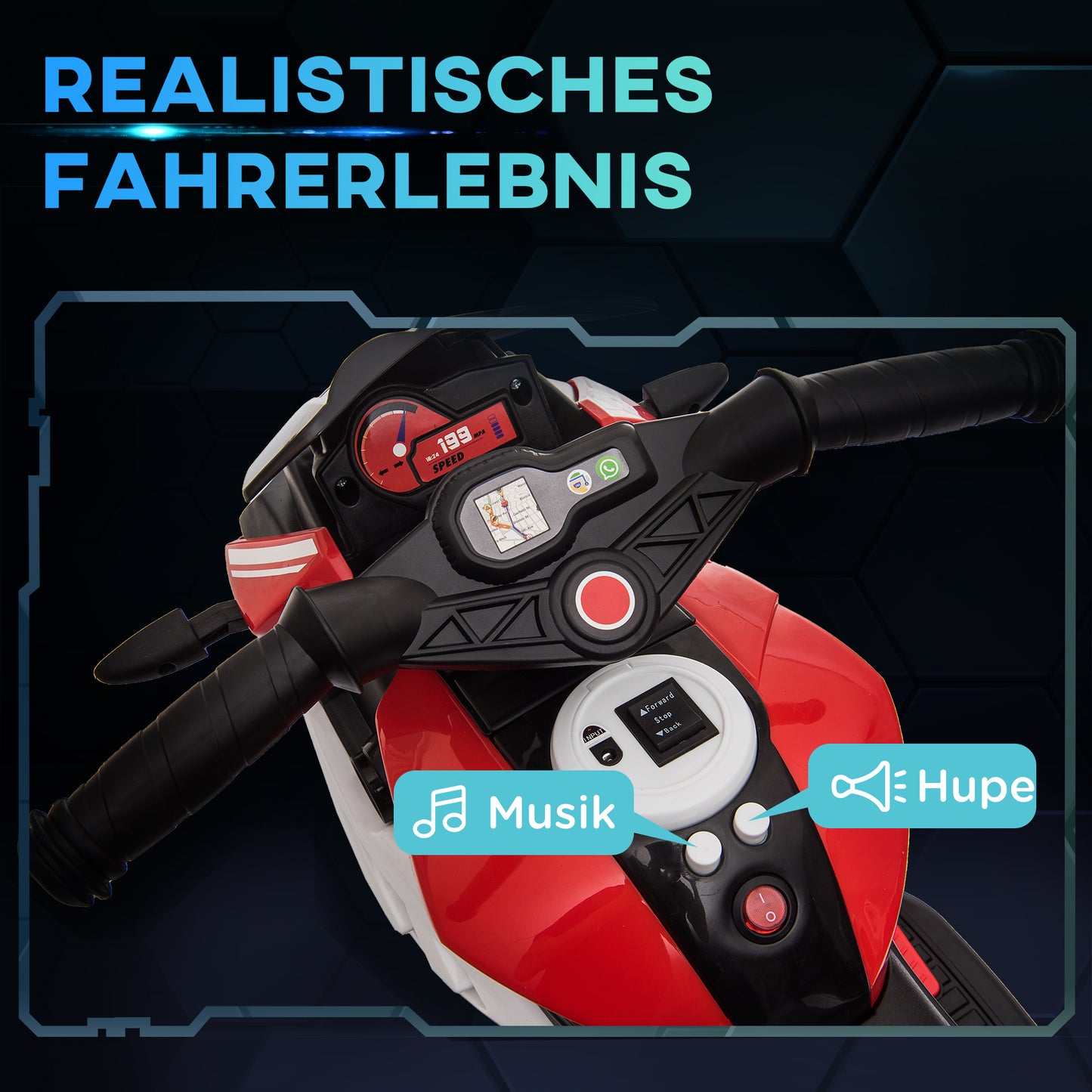 HOMCOM Elektro-Kindermotorrad, Lichter & Geräusche, 3 km/h, wiederaufladbar, Kunststoff & Metall, Schwarz/Rot