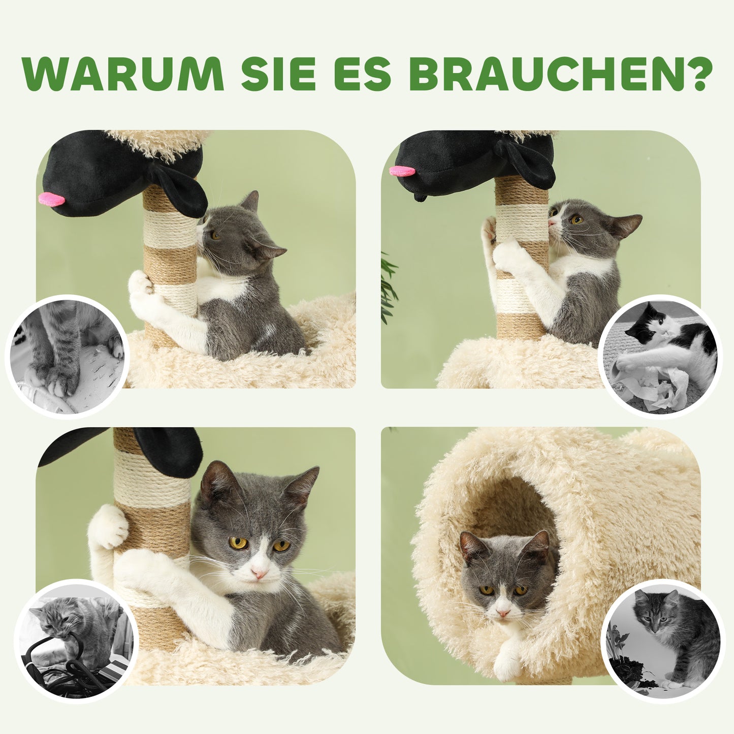 PawHut Katzenbaum im Schaf-Design, mit Kratzpfosten, Tunnel und Spielzeug, 98 cm, Hellbraun