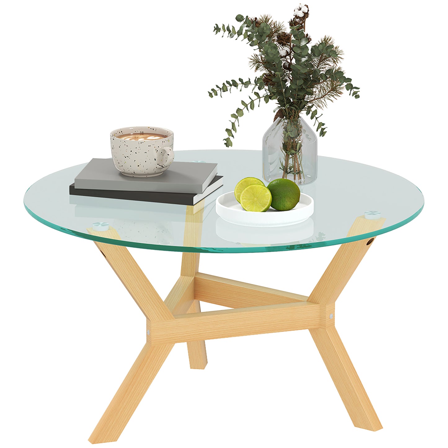 HOMCOM Runder Beistelltisch aus gehärtetem Glas mit verstellbaren Fußpolstern und Stahlrahmen, für Wohnzimmer, Schlafzimmer