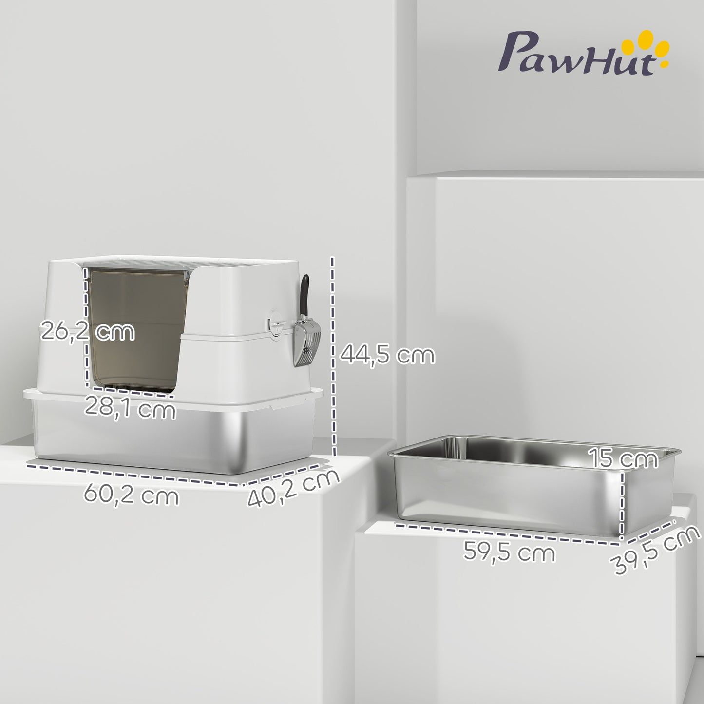 PawHut Katzentoilette, Edelstahl, XL-Innenraum, mit Schaufel, Hellgrau