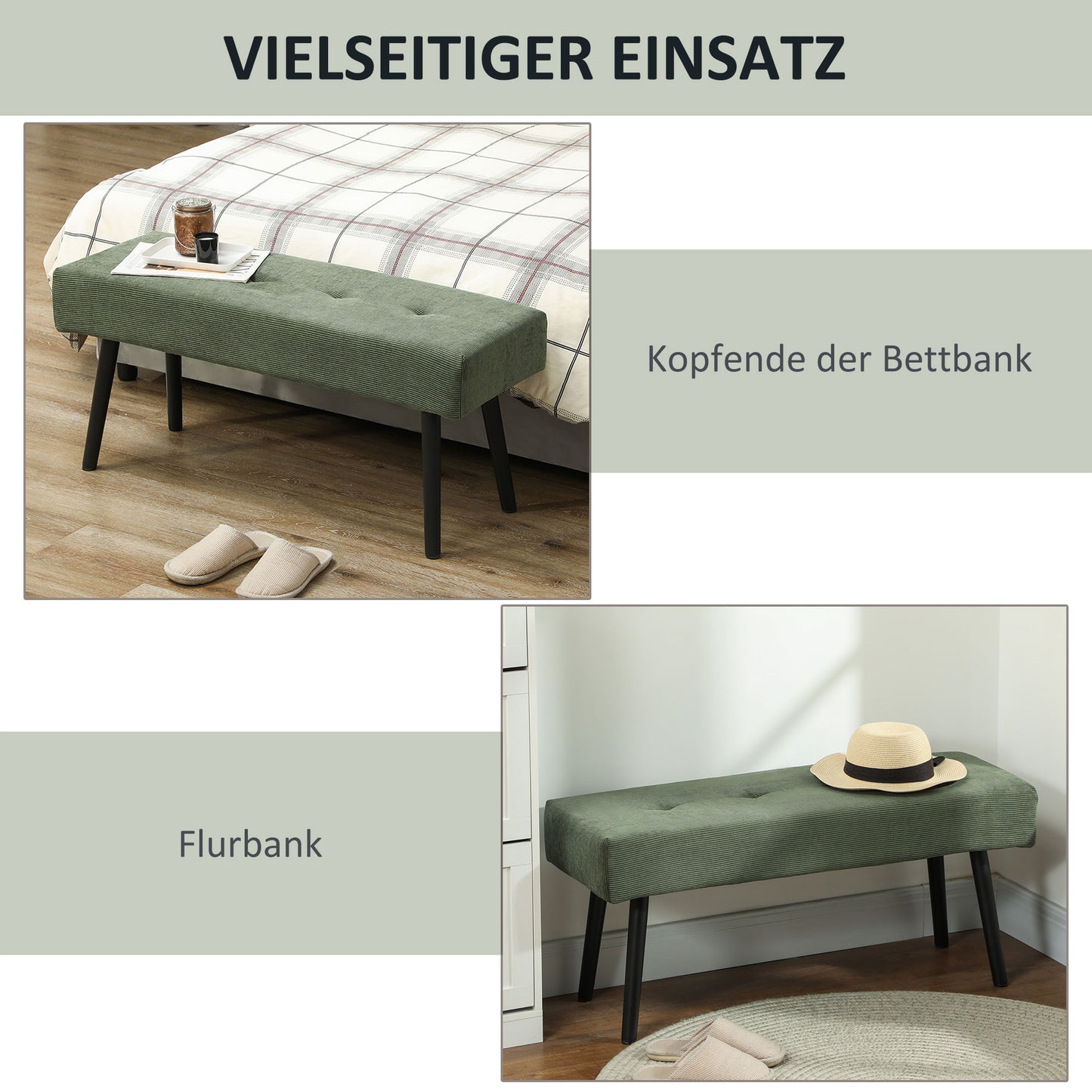 HOMCOM Sitzbank Polsterbank mit Cordbezug, Bettbank mit Metallbeine, Schuhbank 100 x 36 x 45 cm Grün