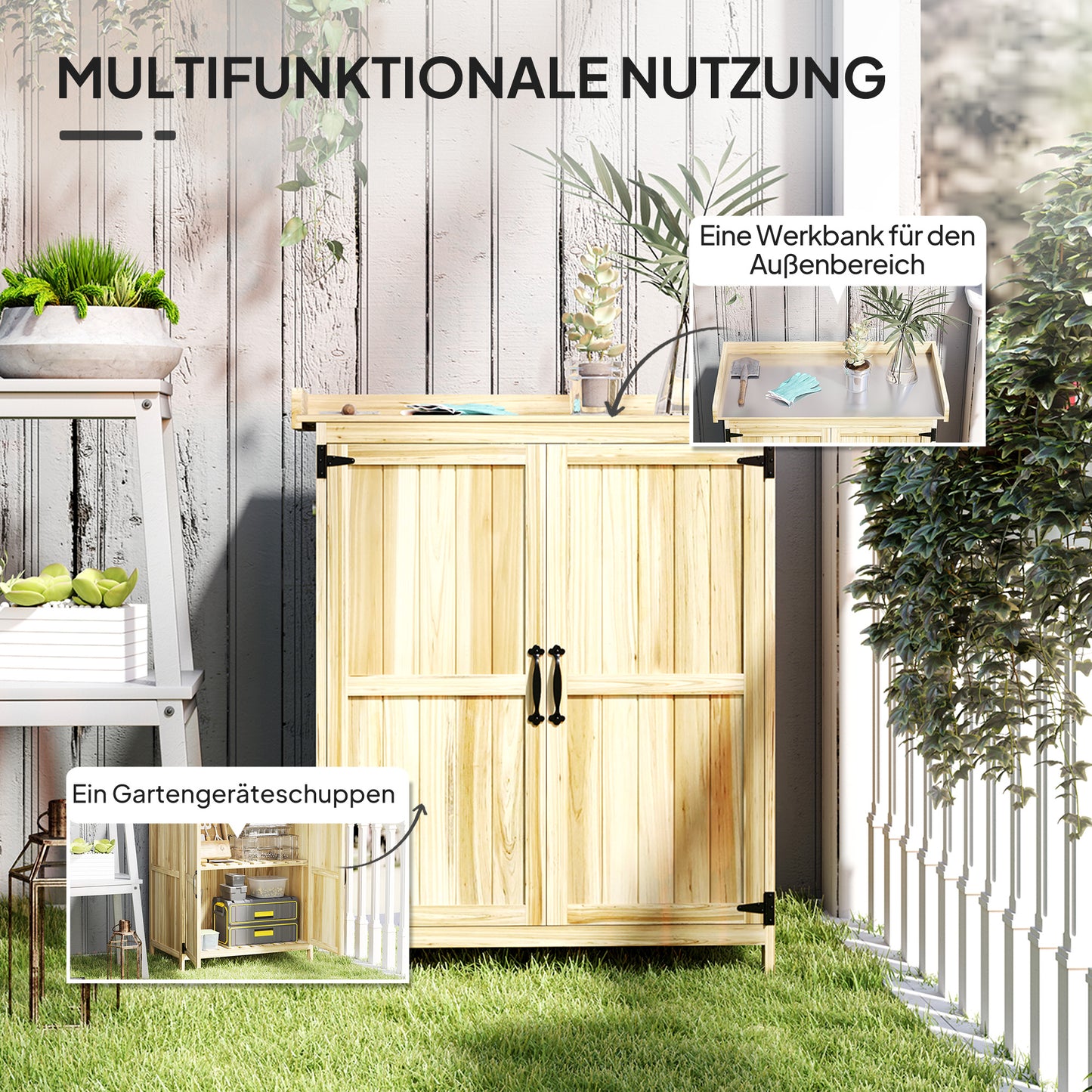 Outsunny Gartenschrank, Werkzeugschrank für den Außenbereich, mit Arbeitsfläche, Holz und Edelstahl, Doppeltüren, Naturholz