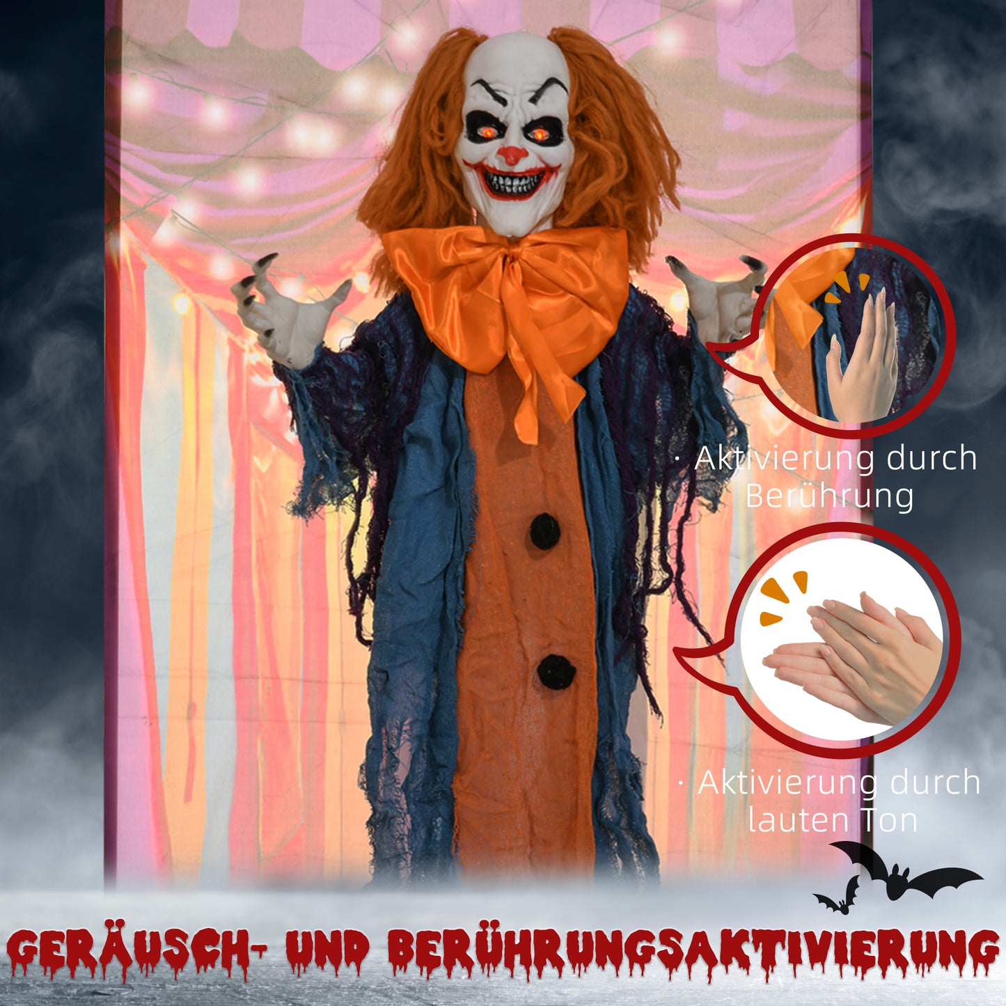HOMCOM Horrorclown, Helloweendeko, aktiviert mit Geräusche/Berührung, rote Augen, Sound, 168 cm