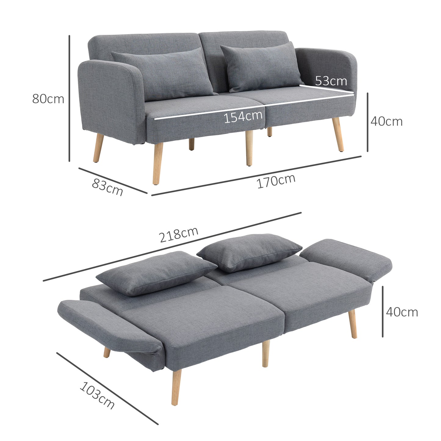 HOMCOM 3-Sitzer Schlafsofa, Gäste-Doppelbett, bis 240 kg, Klapplehnen, Holzrahmen, 170 x 83 x 80 cm, Grau