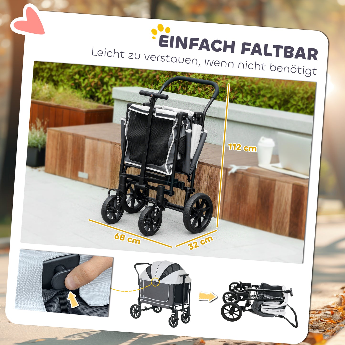 PawHut Hundewagen Hundebuggy klappbar für Hunde & Katzen bis 30 kg 110 x 65 x 102 cm Dunkelgrau