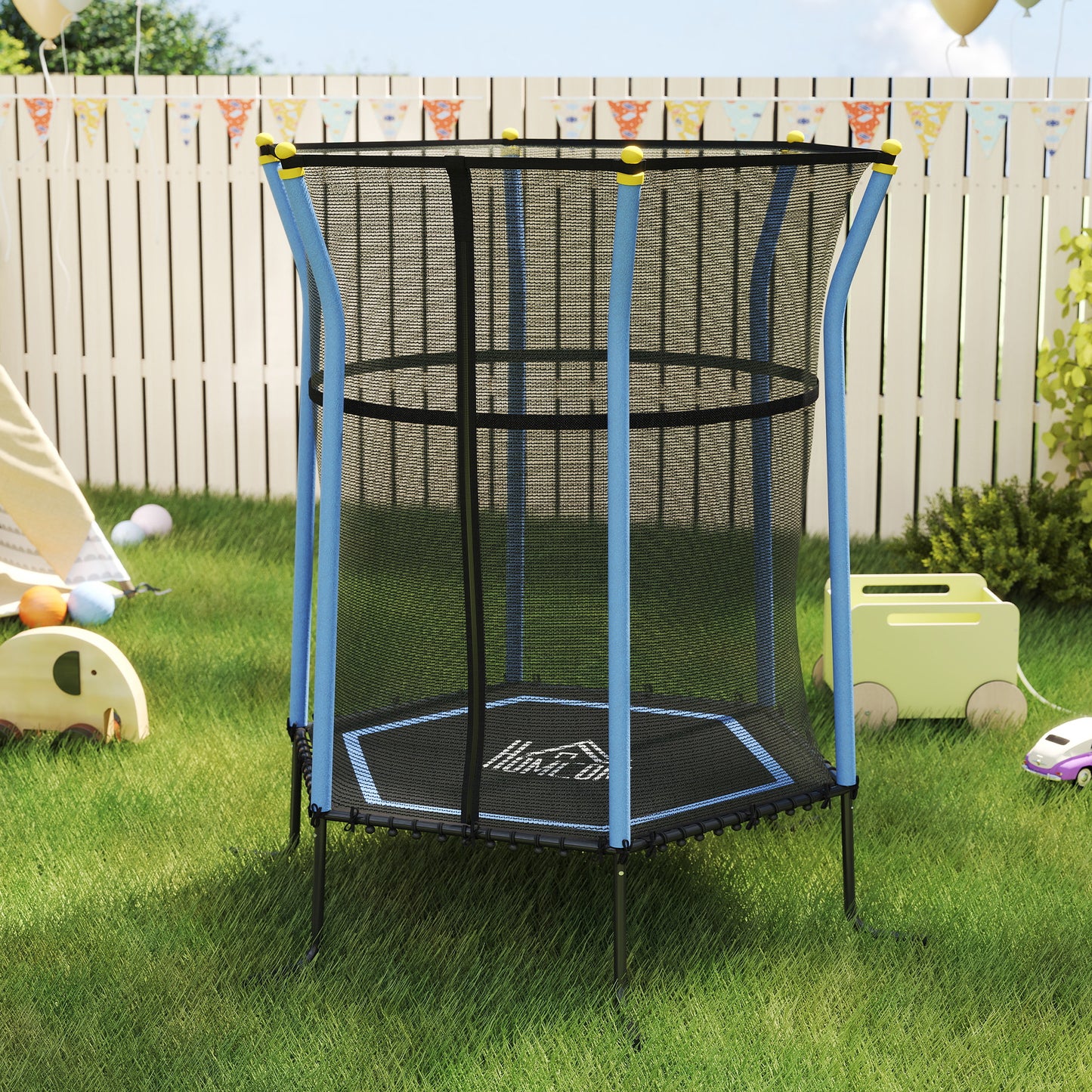 HOMCOM Trampolin für Kinder, Ø163,5 cm, mit Sicherheitsnetz, gepolstert, Stahl, belastbar bis 50 kg, Schwarz & Blau