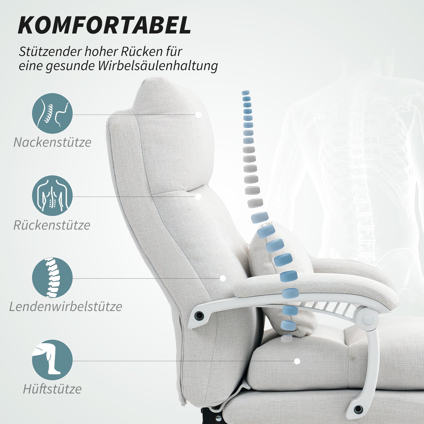 HOMCOM Rollsessel, Leinenoptik, höhenverstellbar, 160 Grad neigbar, Fußstütze, Cremeweiß