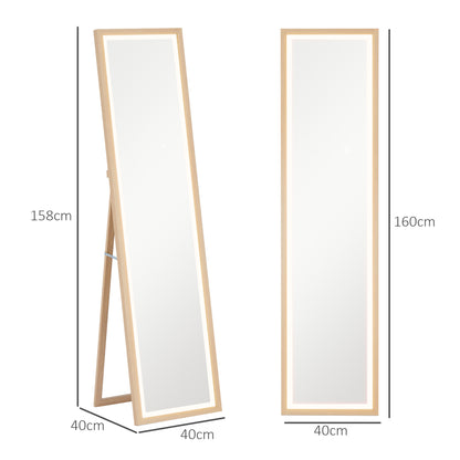 HOMCOM LED Ganzkörperspiegel, 40 x 160 cm, Touch-Steuerung, dimmbar, 3 Farben, Eiche