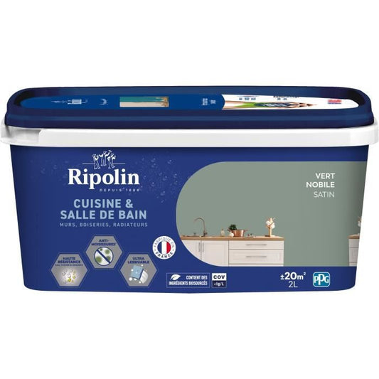 Paint for walls, woodwork, ceilings, radiators - RIPOLIN - Kitchen and bathroom - 2 L - Vert Nobile