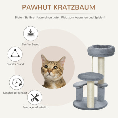 PawHut Katzenbaum Kletterbaum mit Hängematte, 3-Stufiger Spielbaum mit Katzenbett Katzenkratzbaum mit Sitzplattform, Sisalsäulen, Grau Ø40 x H65 cm