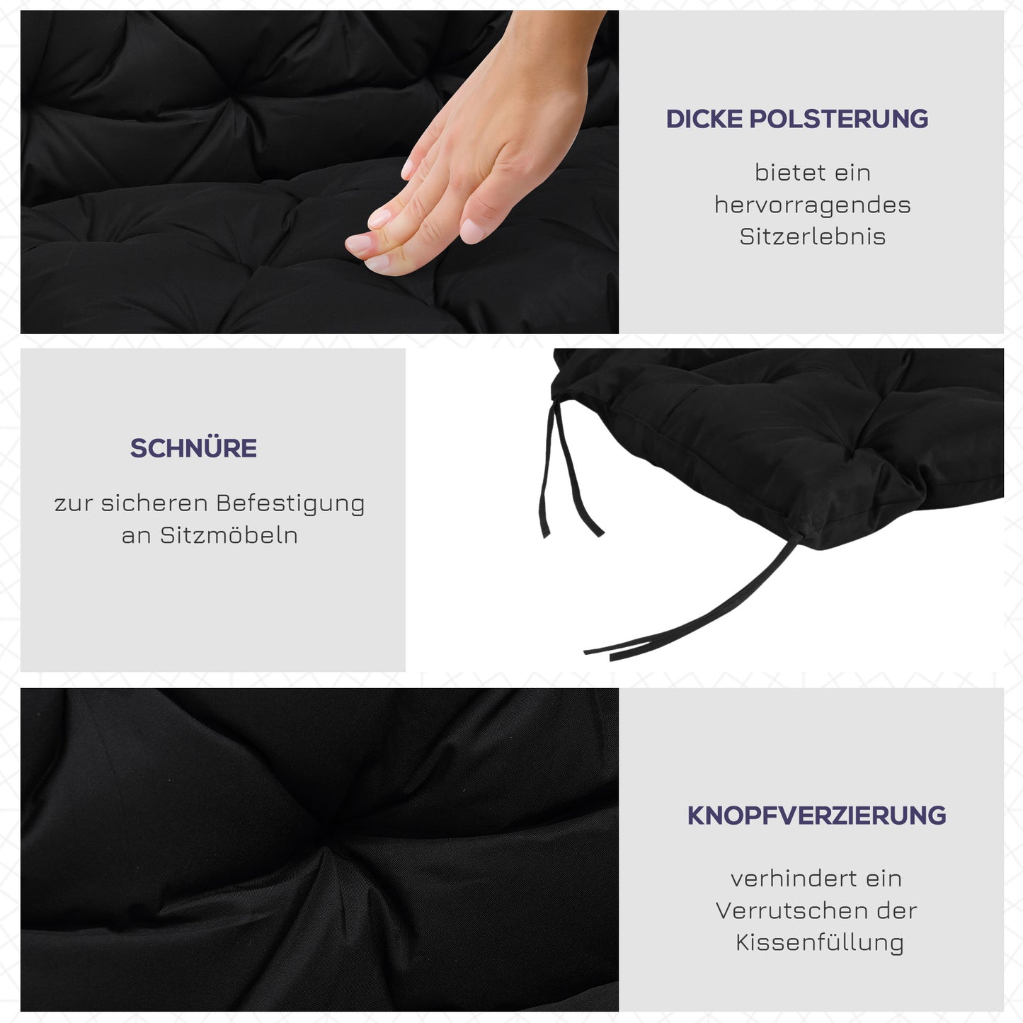 Outsunny 3 Sitzer Bankauflage 100x98x8 cm Bankkissen mit Bändern, Bankpolster für Gartenmöbel Hollywoodschaukel, Schwarz