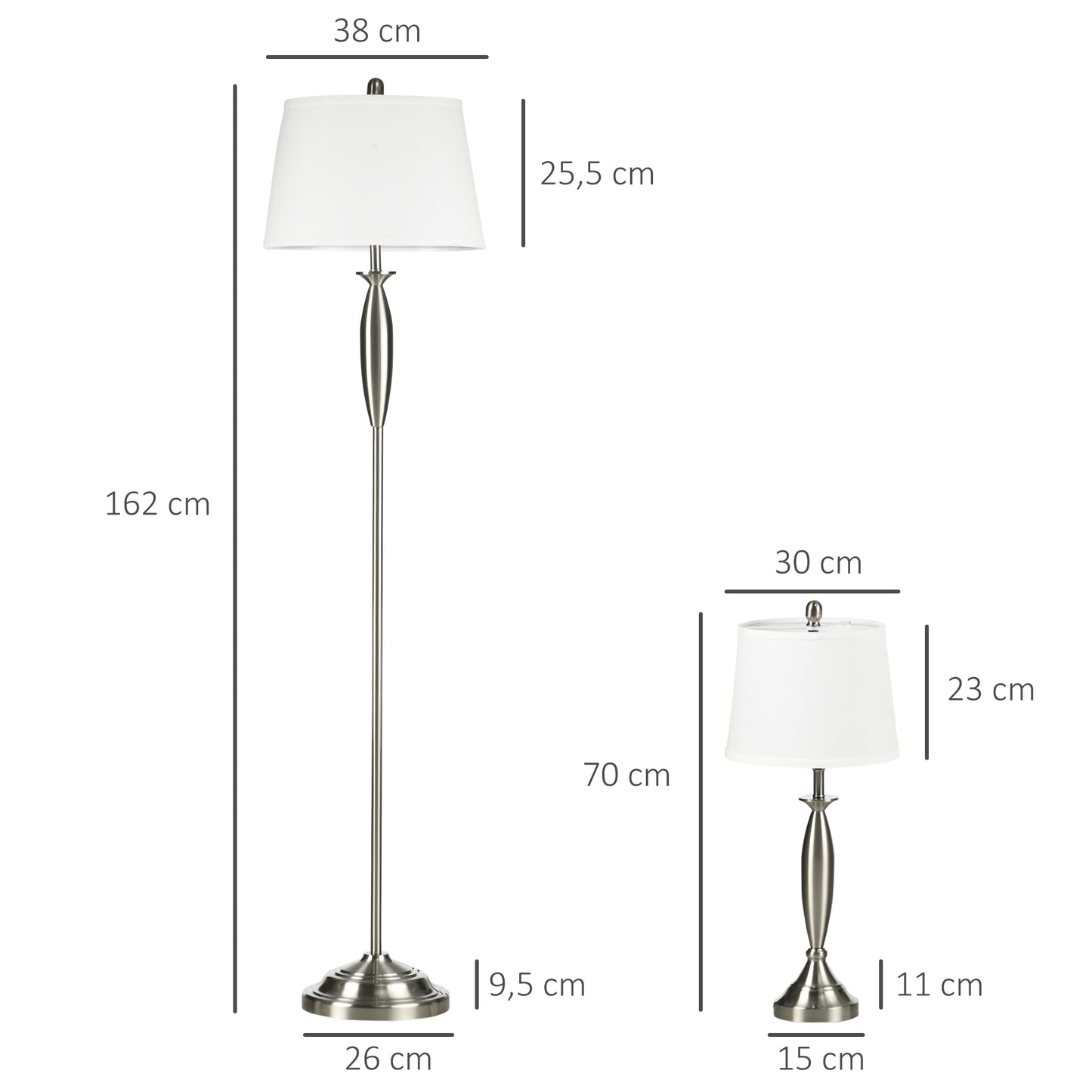 HOMCOM 3-teiliges Leuchten-Set. 1 Stehleuchte, 2 Tischleuchten, Leinenoptik; 38 cm x 38 cm x 158 cm, Silber + Weiß