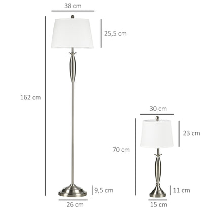 HOMCOM 3-teiliges Leuchten-Set. 1 Stehleuchte, 2 Tischleuchten, Leinenoptik; 38 cm x 38 cm x 158 cm, Silber + Weiß