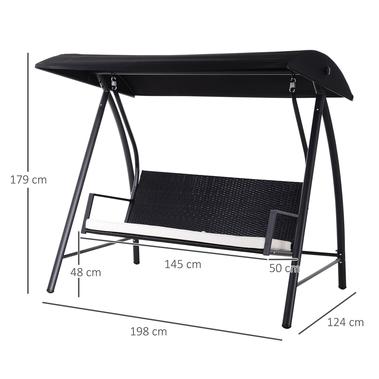 Outsunny Hollywoodschaukel 3-Sitzer aus Polyrattan Gartenschaukel mit verstellbar Sonnendach Sonnenschutz Sitzkissen Hängebank bis 360 kg belastbar Hängeschaukel für Garten 198x124x179cm Schwarz