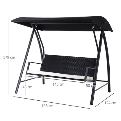 Outsunny Hollywoodschaukel 3-Sitzer aus Polyrattan Gartenschaukel mit verstellbar Sonnendach Sonnenschutz Sitzkissen Hängebank bis 360 kg belastbar Hängeschaukel für Garten 198x124x179cm Schwarz