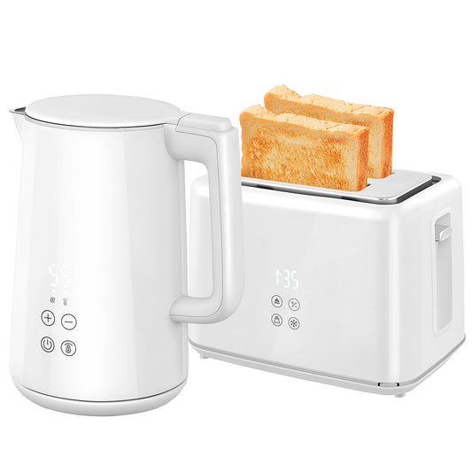 HOMCOM Küchenset mit Wasserkocher und Toaster, 7 Bräunungsstufen, schnelles Kochen, Edelstahl, Kunststoff, Weiß