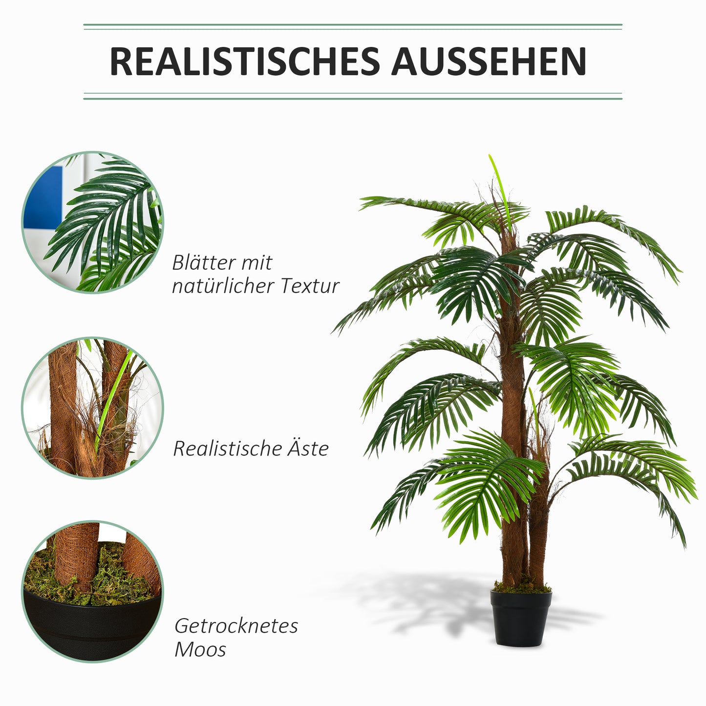 Outsunny künstliche Pflanzen 120 cm künstlicher Palmen Palme Kunstpflanze Kunstbaum Kunstpflanzen im Topf Zimmerpflanze Dekopflanze Büropflanze Kunststofftopf für drinnen und draußen