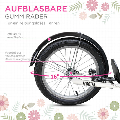 HOMCOM Kinderroller Tretroller mit Bremse, inkl. Korb, höhenverstellbar, für Kinder von 5 bis 12 Jahren, Weiß + Pink