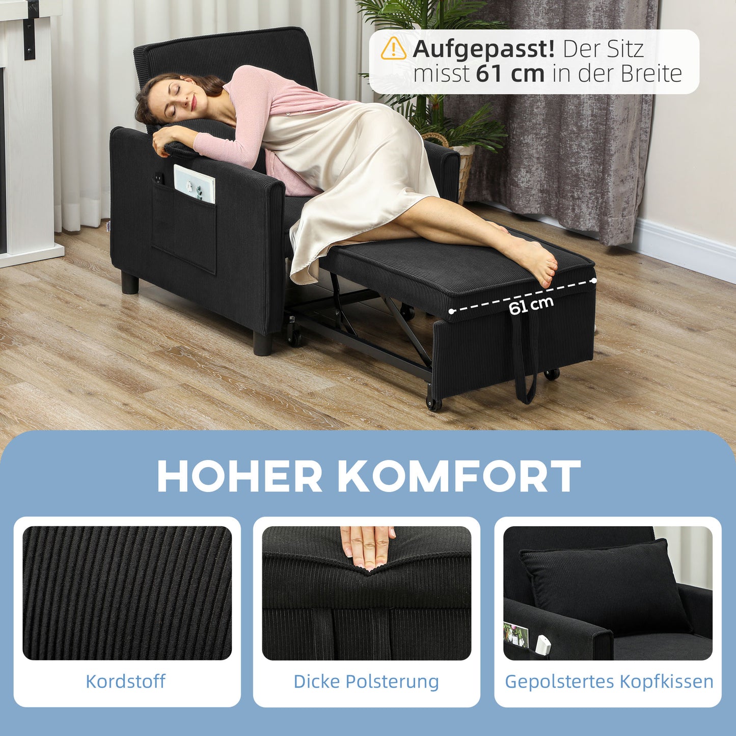 HOMCOM Schlafsessel, verstellbar, 3 Positionen, Cordbezug, bis 120 kg, Schwarz