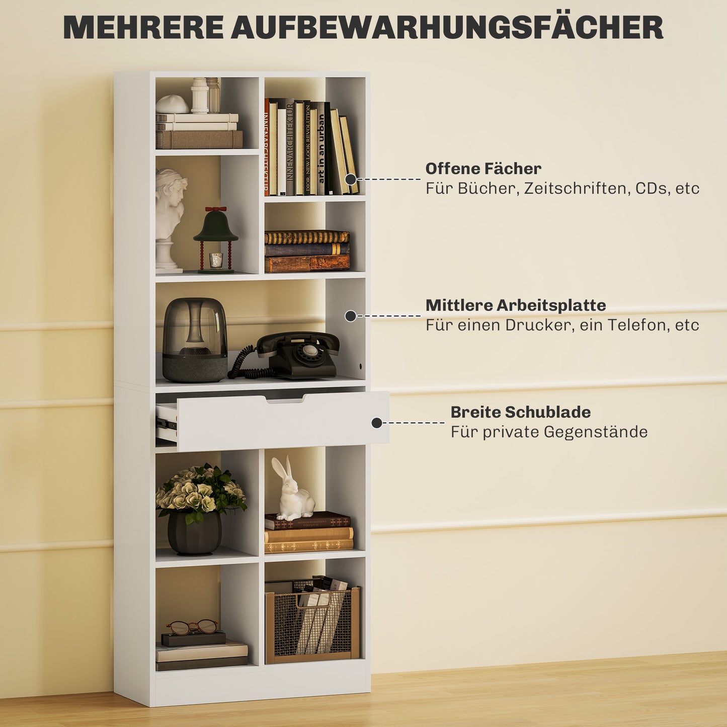 HOMCOM Bücherregal, Mehrzweckregal, 9 Fächer, Schublade, Kippschutz, 60 x 26 x 158 cm, Weiß