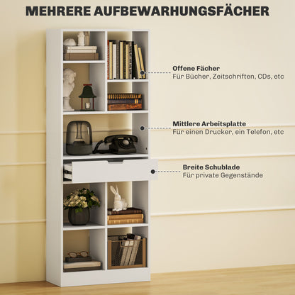 HOMCOM Bücherregal, Mehrzweckregal, 9 Fächer, Schublade, Kippschutz, 60 x 26 x 158 cm, Weiß