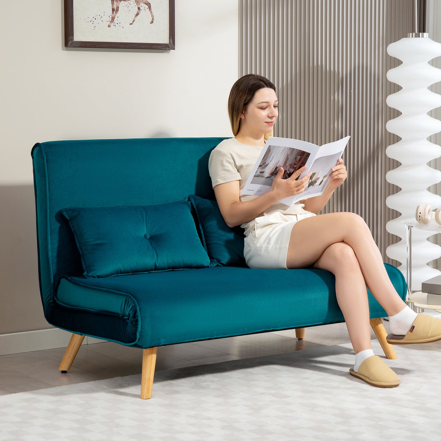 HOMCOM 2-Sitzer-Schlafsofa, Bettsofa, in Bett umwandelbare Couch, verstellbare Rückenlehne, Stoffbezug, Metallrahmen, Grün