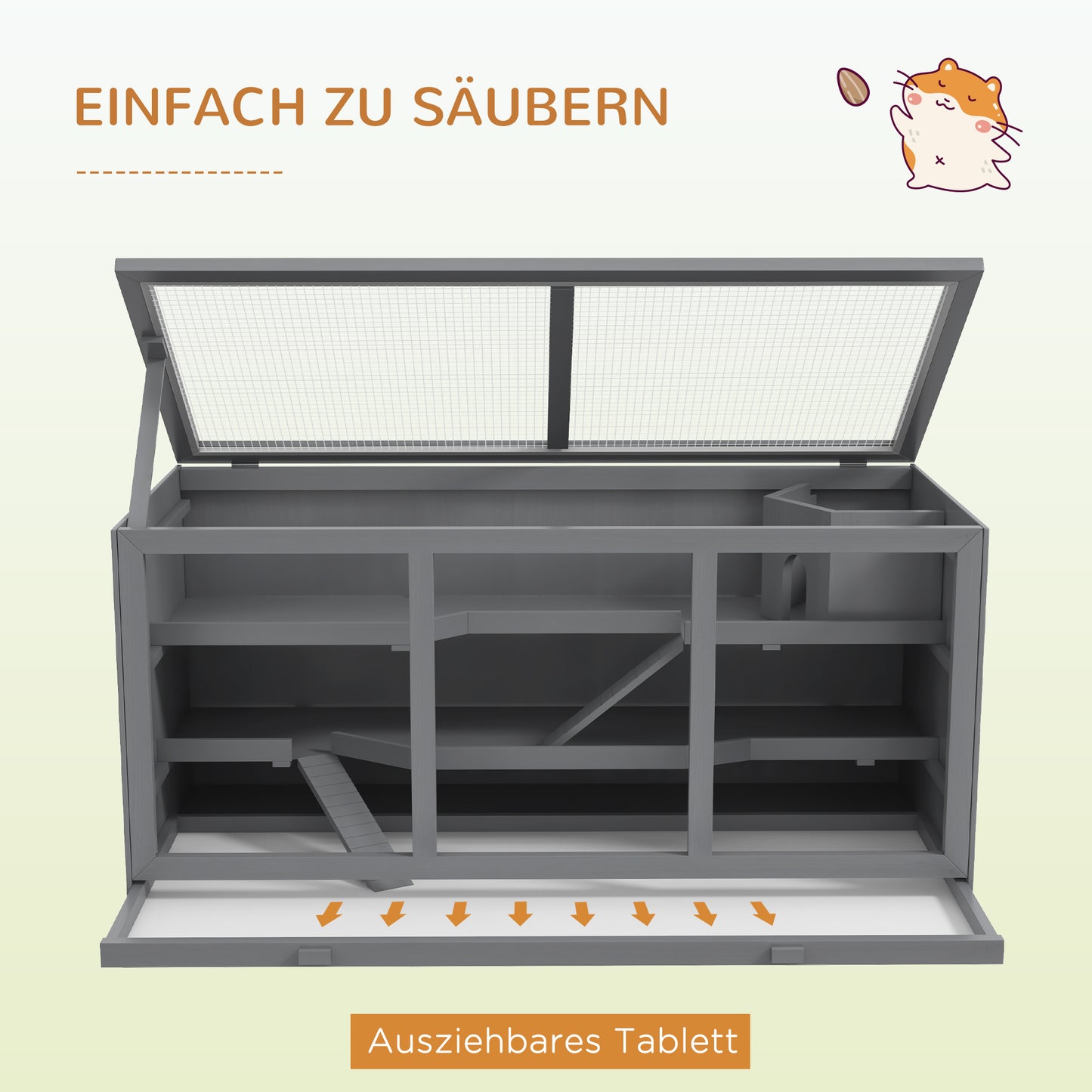 PawHut Zwerghamsterkäfig, Nagerkäfig, Kleintierbox, abschließbar, Holz, pflegeleicht, Grau