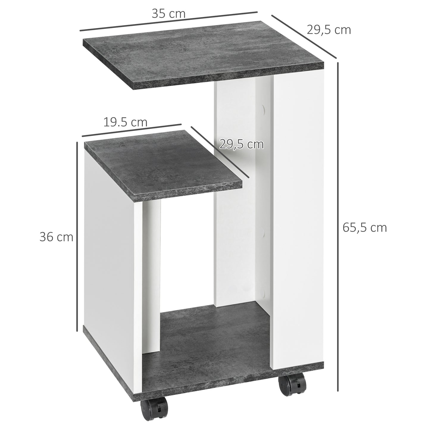 HOMCOM Nachtschrank, mit 4 Rollen, 3 Regale, 35 x 29,5 x 65,5 cm, Grau/Weiß