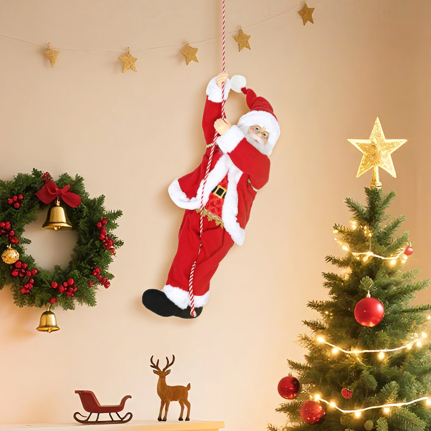 HOMCOM Weihnachtsmann 60 cm Singend und Kletternd Weihnachtsmann mit Geschenk Seil Soundfunktion Indoor, Rot