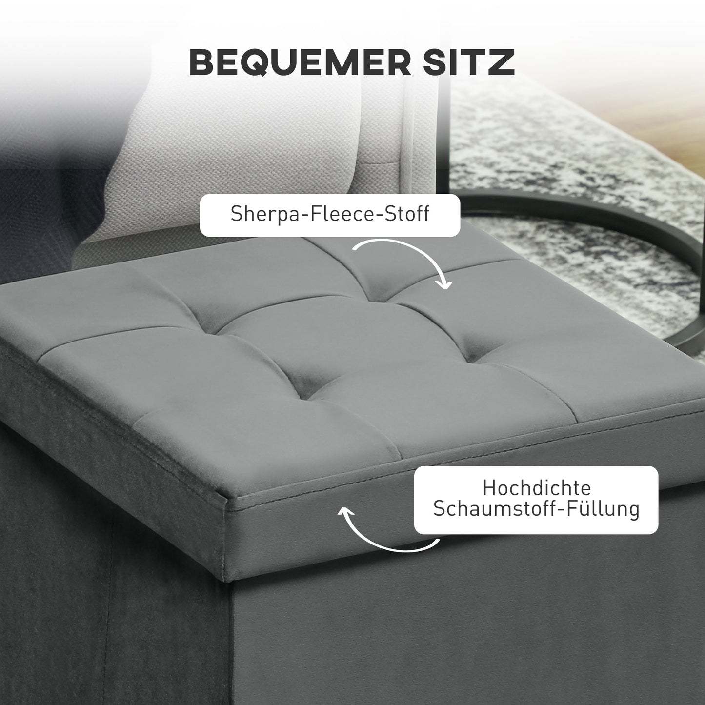 HOMCOM Klappbarer Sitzhocker mit Stauraum, Aufbewahrungsbox, Schaumstoff, MDF, Grau