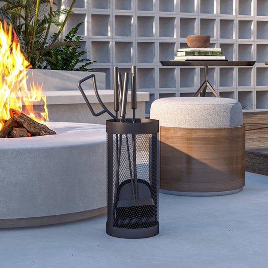 Outsunny Kaminbesteck, 5-teilig, Besen, Schaufel, Zange, Schürhaken und Korb, feuerfestes Metall, Schwarz