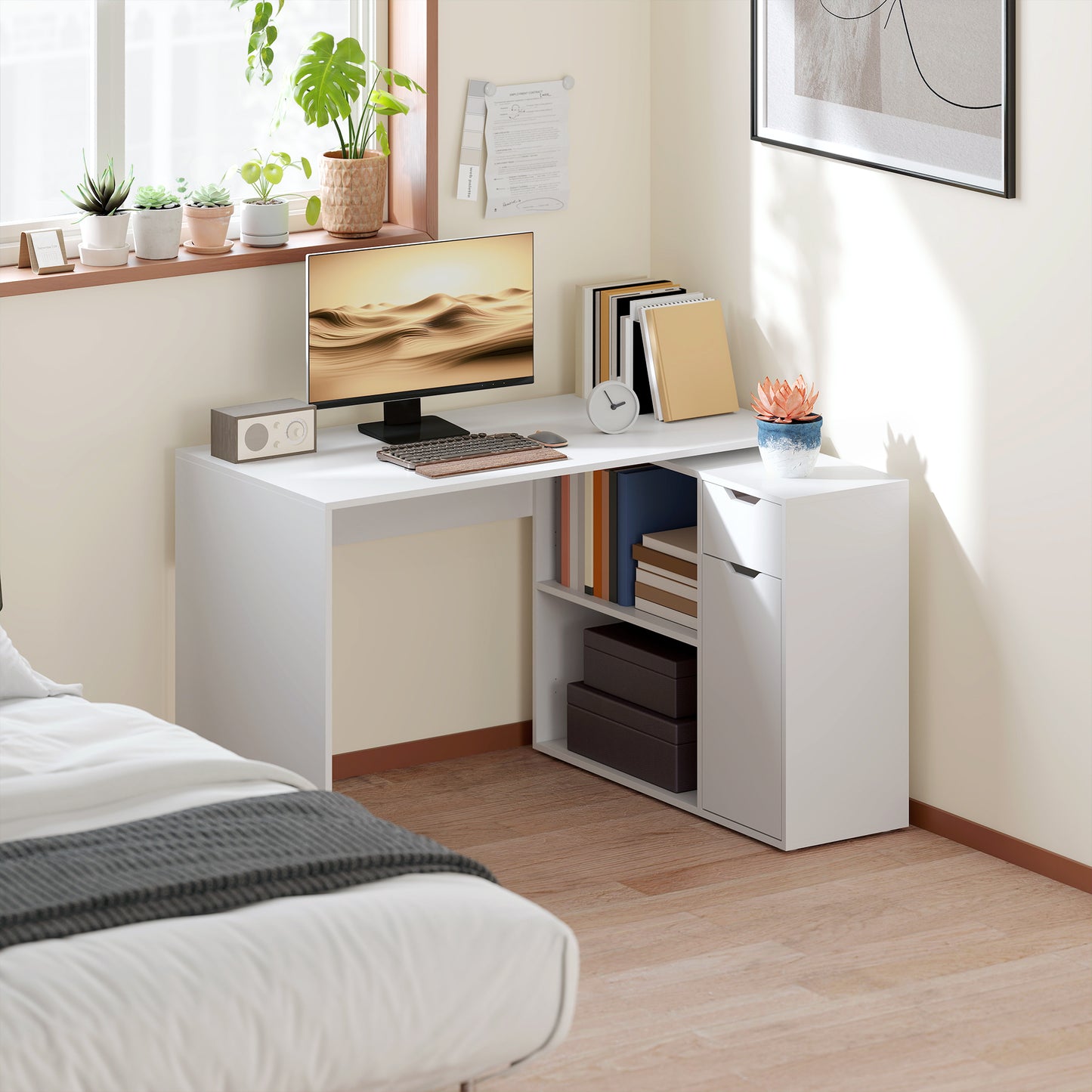 HOMCOM Flexibler Schreibtisch, 2-stufiger Schrank, Schublade, offene Fächer, Holz, Weiß