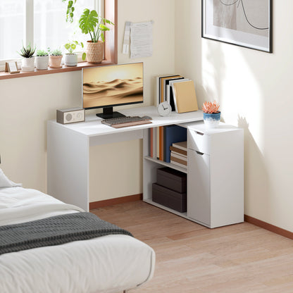 HOMCOM Flexibler Schreibtisch, 2-stufiger Schrank, Schublade, offene Fächer, Holz, Weiß