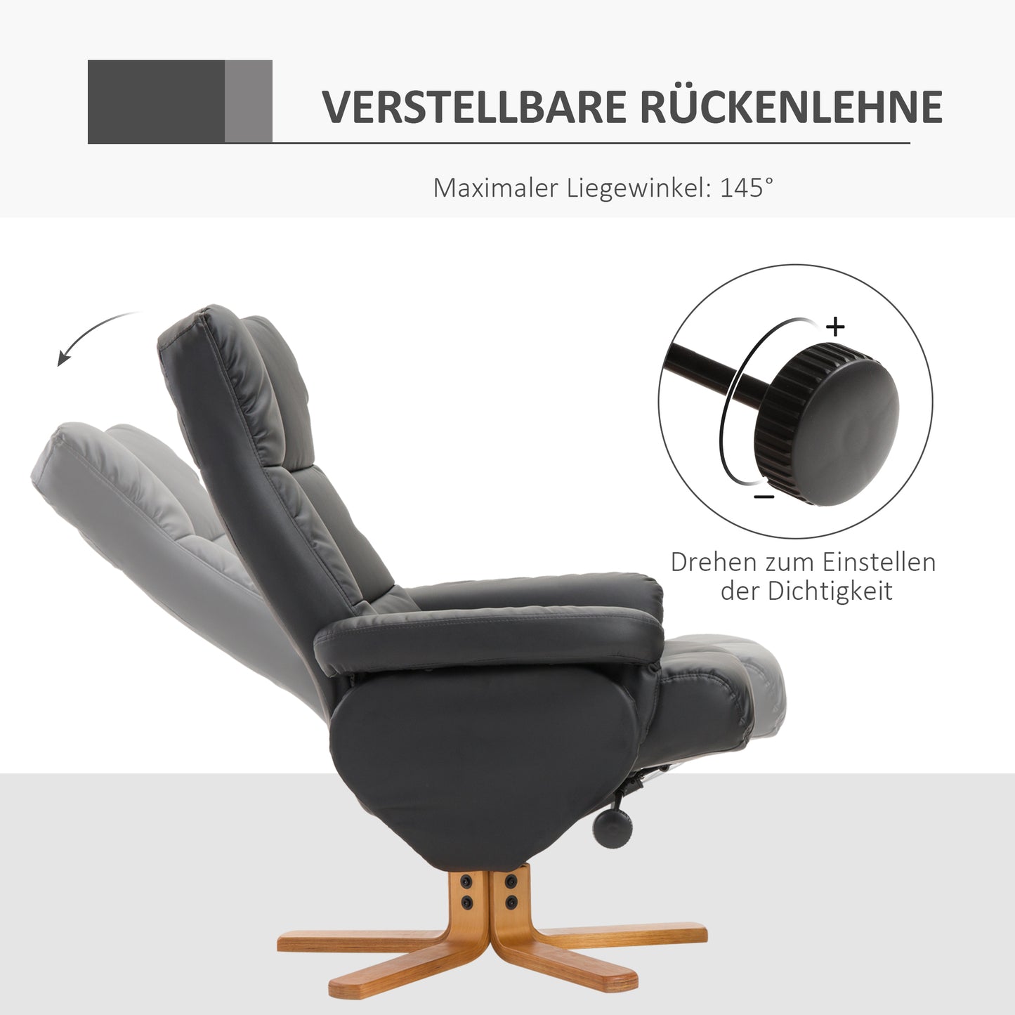 HOMCOM Relaxsessel mit Hocker, Stauraum, Gepolstert Fernsehsessel mit Liegefunktion, 360° Drehbar TV-Sessel für Schlafzimmer, Wohnzimmer, Kunstleder, Schwarz