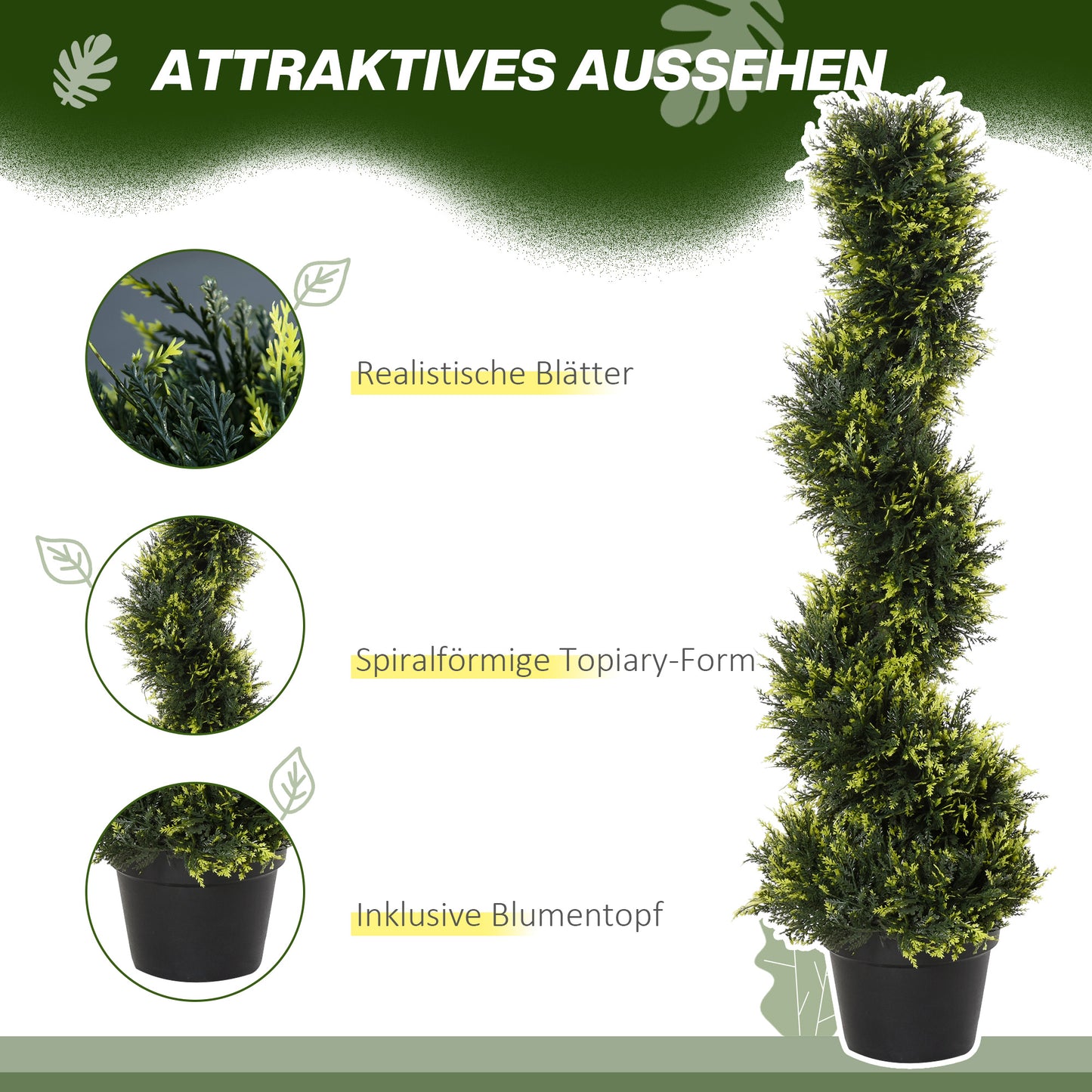 Outsunny Künstliche Spiralpflanze, Spiral-Zedernbaum mit Topf, 90 cm, künstliche Zeder für Außen- und Innendekoration, Grün
