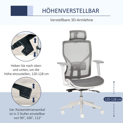 Vinsetto Bürostuhl Schreibtischstuhl Drehstuhl Gamingstuhl mit Kopflehne Lendenkissen 3D-Armlehne 3 Stufen 360°-Drehräder höhenverstellbar ergonomisch Mesh-Stoff Schaumstoff Grau 67 x 65 x 120-128 cm