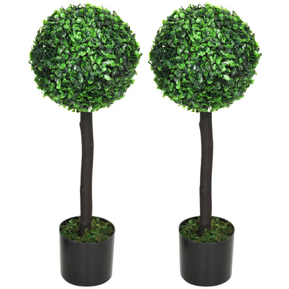 HOMCOM 2er-Set Künstlicher Buchsbaum, 2 Buchsbäume, Outdoor, 20 cm x 20 cm x 60 cm, Grün + Braun+ Schwarz