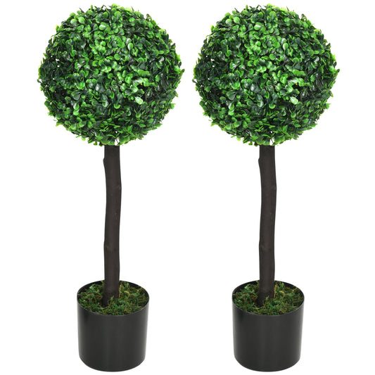 HOMCOM 2er-Set Künstlicher Buchsbaum, 2 Buchsbäume, Outdoor, 20 cm x 20 cm x 60 cm, Grün + Braun+ Schwarz