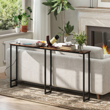 HOMCOM Schlanker Konsolentisch mit Ladestation, Industriestil, Stahlrahmen, Braun