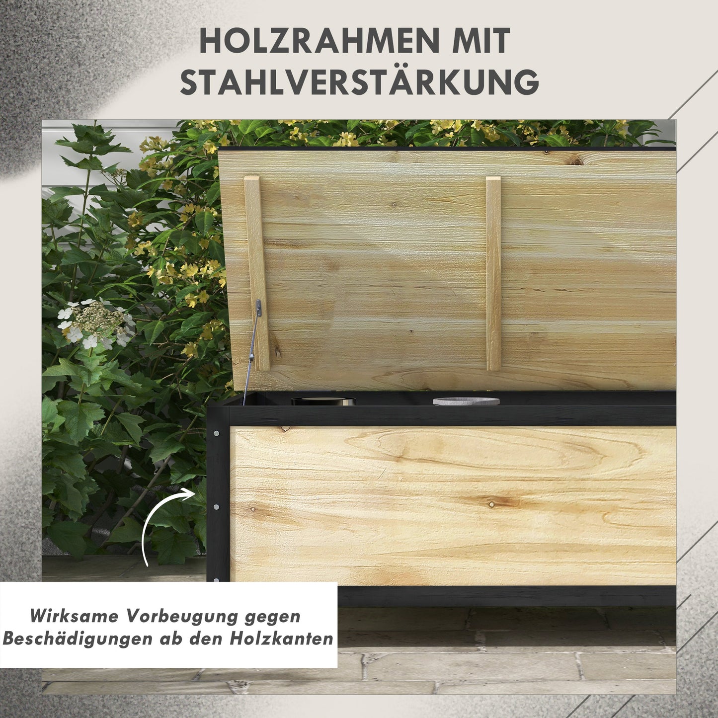 Outsunny Garten-Aufbewahrungsbox, 121 Liter, 2 Räder, wetterfest, Metallscharniere, Naturholz, 100x50x43 cm