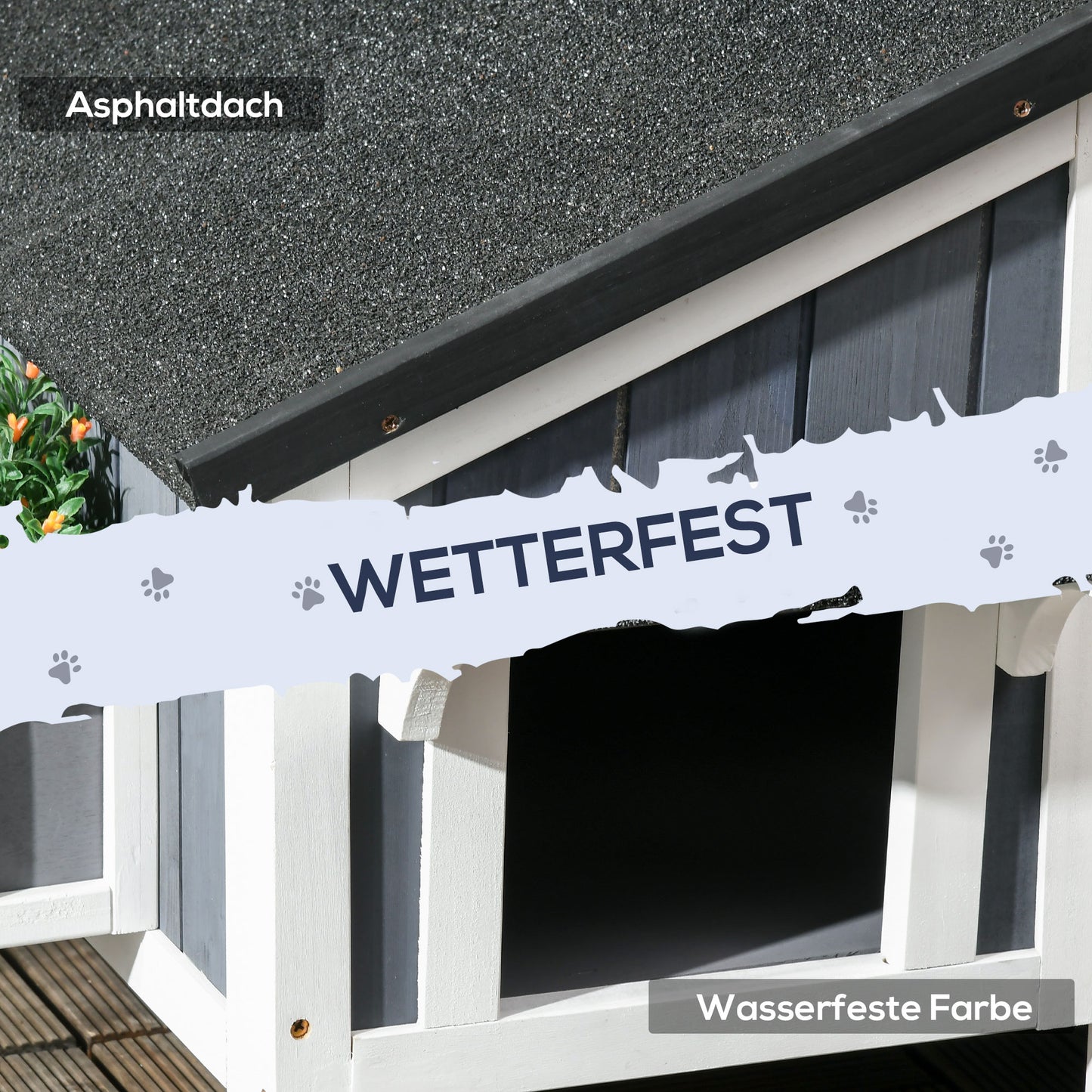 PawHut Outdoor-Katzenhaus, zweistöckig, Bodenabstand, Naturholz, Asphaltdach, grau, 96 x 65 x 85,5 cm