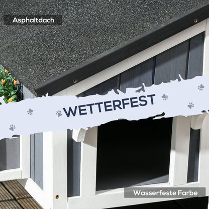 PawHut Outdoor-Katzenhaus, zweistöckig, Bodenabstand, Naturholz, Asphaltdach, grau, 96 x 65 x 85,5 cm