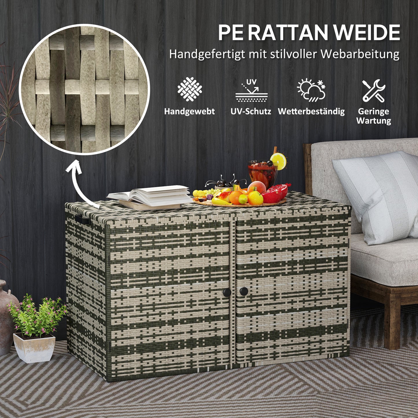 Outsunny Rattan Auflagenbox 350L 2-Ebenne Kissenbox mit Deckel Hebestangen Tragegriffe 118 x 57 x 69 cm Mischgrau