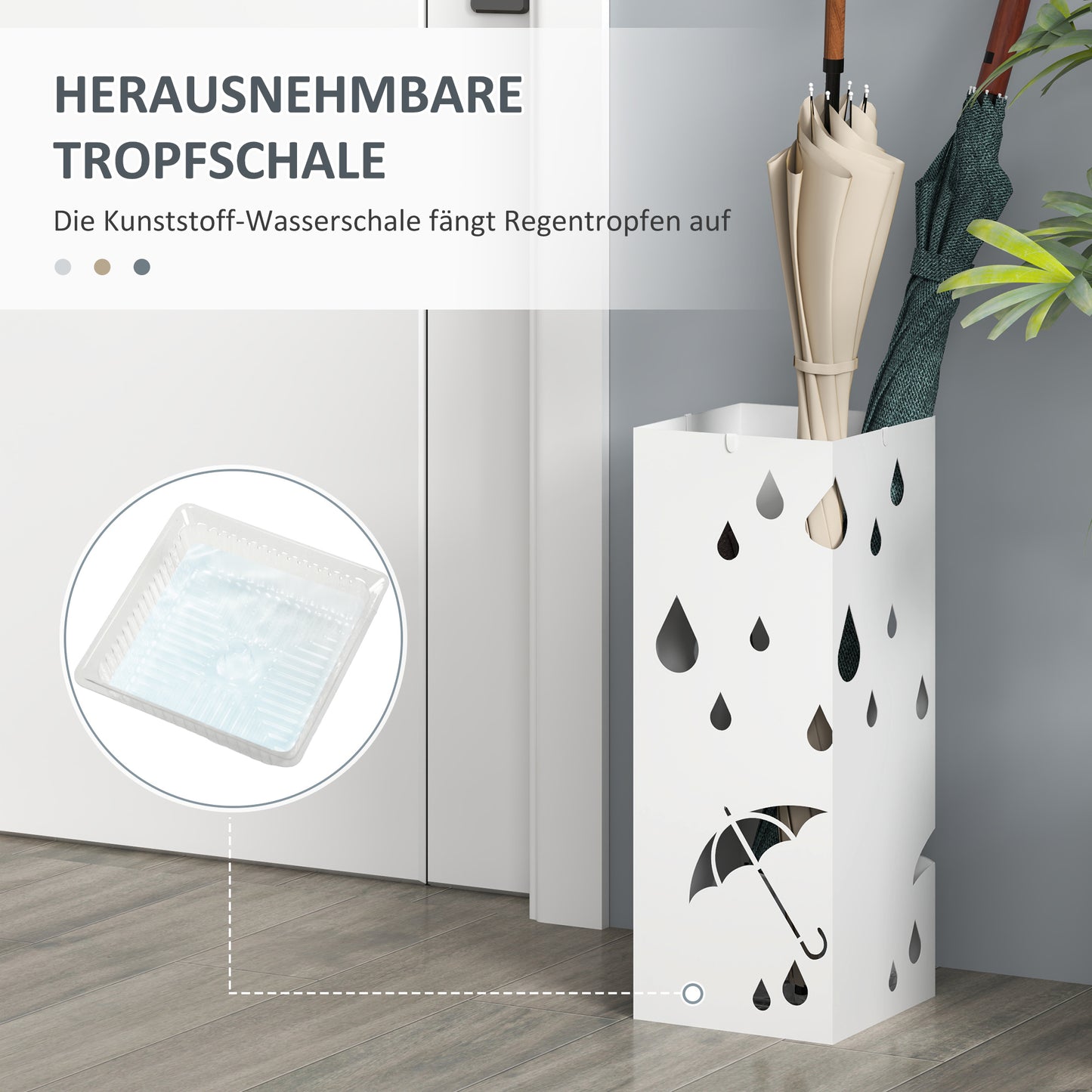 HOMCOM Schirmständer, 4 Haken, Tropfschale, Stahl, Weiß
