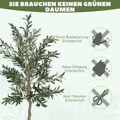 HOMCOM Kunstpflanze, Künstlicher Olivenbaum, 180 cm, 900 Blätter, 40 Oliven, stabiler Blumentopf, Dekorationspflanze, Grün
