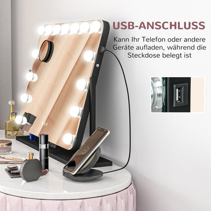 HOMCOM LED Kosmetikspiegel, 3 Lichtmodi, dimmbar, Touchsteuerung, USB, 62,5x49,5cm, Schwarz