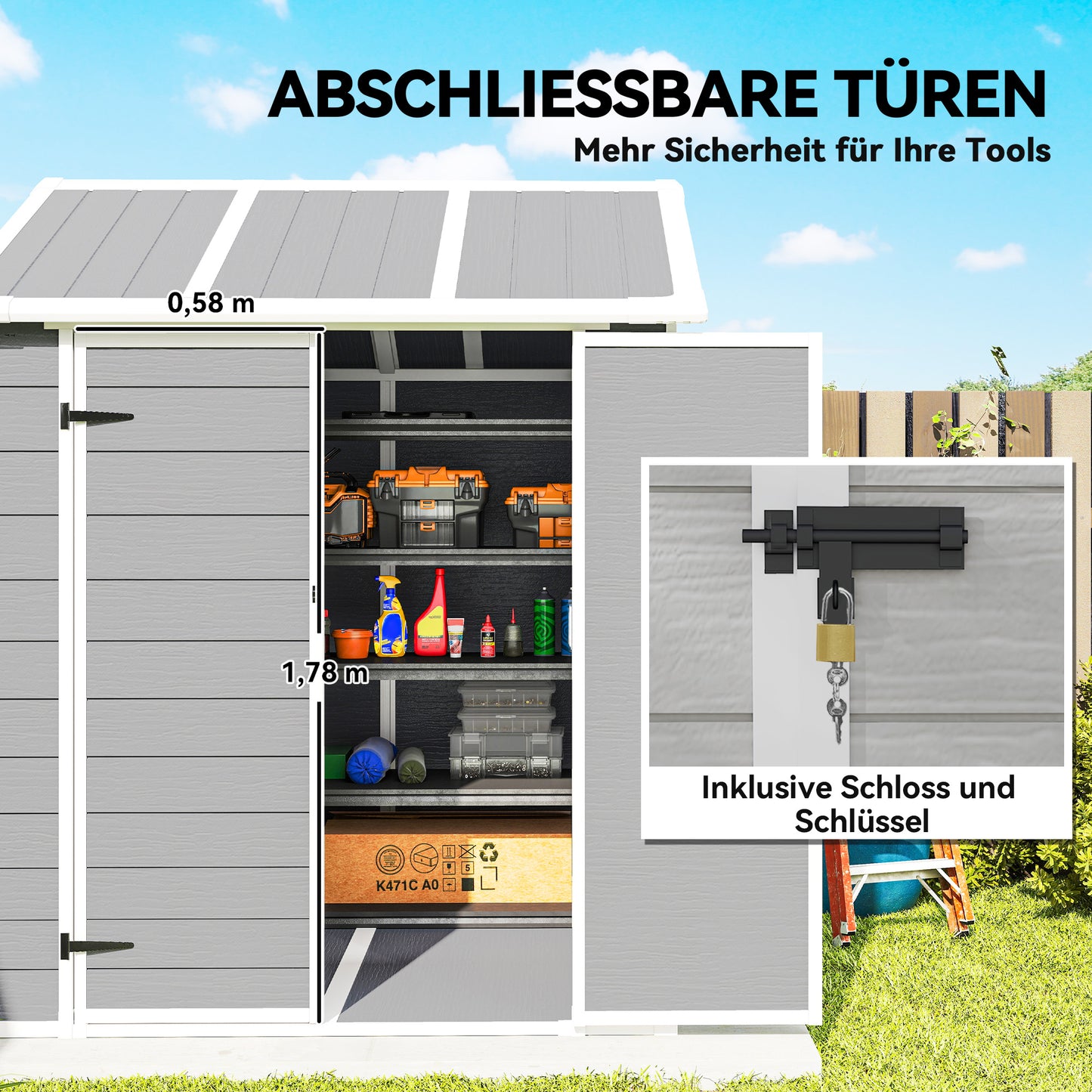 Outsunny Gartenhaus, Gartenschuppen mit Fenster, verschließbare Tür, Kunststoff, Grau