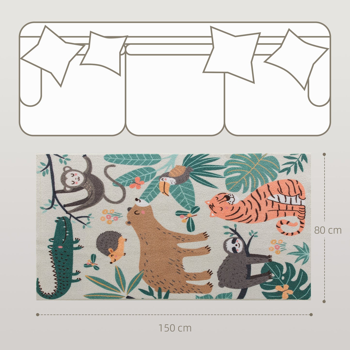 HOMCOM Fleece-Teppich mit Dschungel-Muster, pflegeleicht, Cremeweiß+Bunt