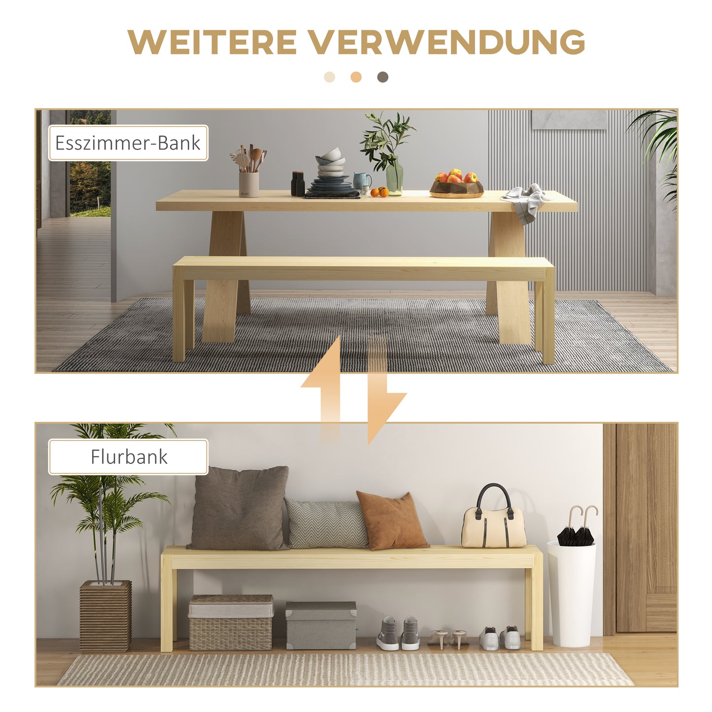 HOMCOM Sitzbank, Platz für 3 Personen, bis 330 kg, Kiefernholz, 175x33x45 cm